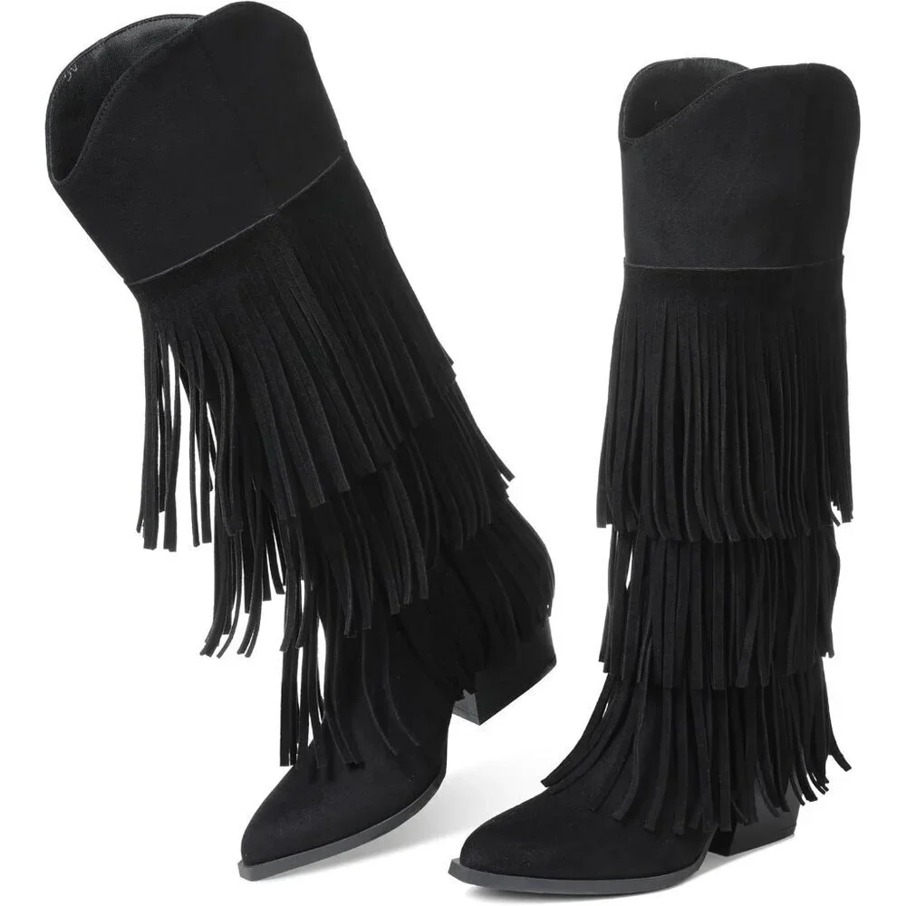 Women Retro Pointed Faux Suede Black Fringe Knee High Western Cowgirl Boot